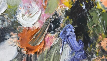 close-up of vibrant oil paint smears on a palette, showcasing bold textures, saturated colors, and...