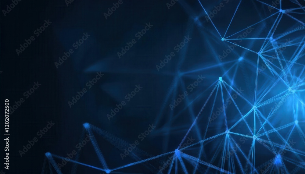 Poster interconnected glowing blue network nodes and lines on dark abstract background, ideal for technolog