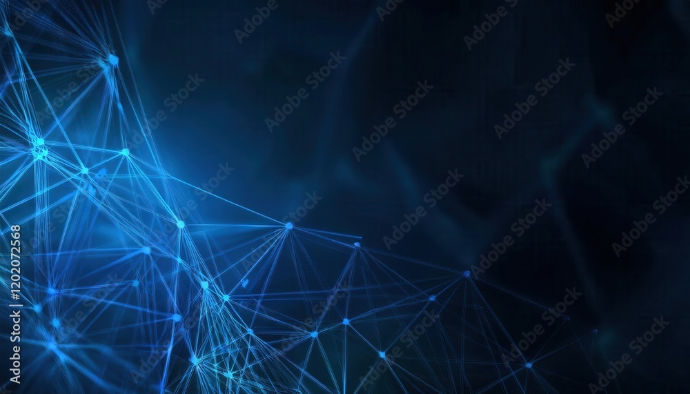 Poster interconnected glowing blue network nodes and lines on dark abstract background, ideal for technology, ai, or blockchain designs