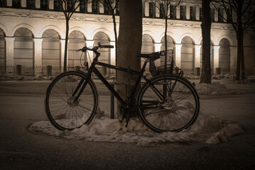 Bicycle Leaning on a Tree in Winter at Night in Zurich, Switzerland.