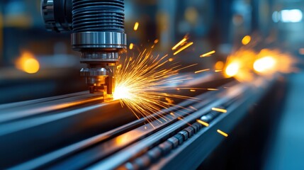 A high-tech laser cutting machine shows sparks flying as it expertly shapes metal, revealing the intricate processes behind modern manufacturing and engineering inventions.