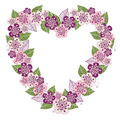 Vector hand drawn decorative heart made of stylized flowers and cherry leaves. Isolated. Transparent background