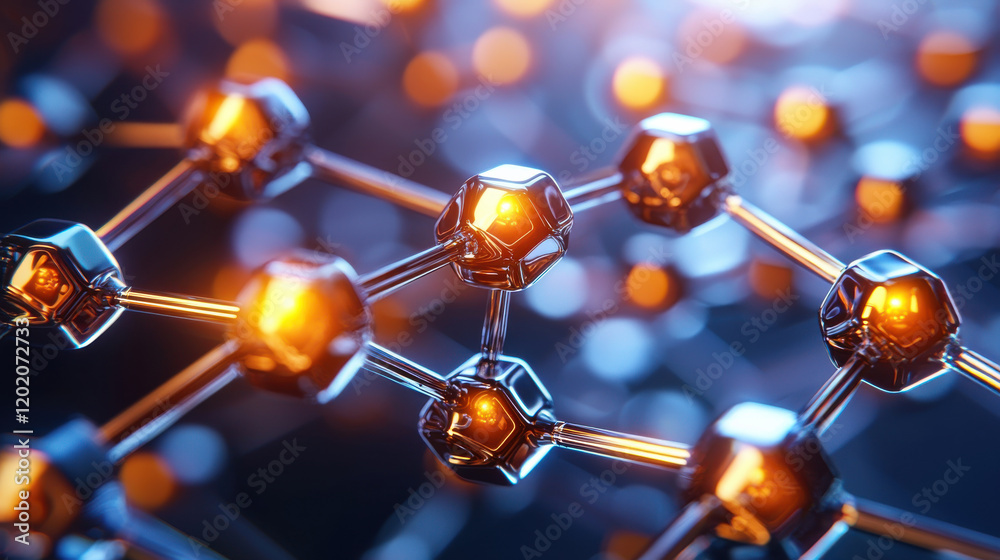 Poster Futuristic nanotechnology structure with glowing elements, showcasing intricate connections and advanced materials. This represents innovation in biotechnology and materials science