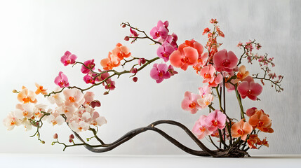 A whimsical orchid arrangement with swirling stems and pastel-colored blooms, set against a soft white background, during a studio photoshoot