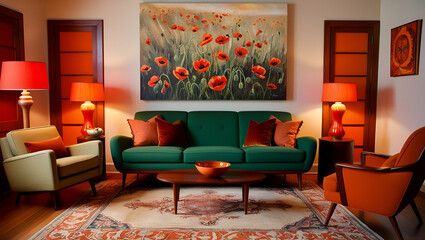 A modern living room interior with sofa and big frame of wall 