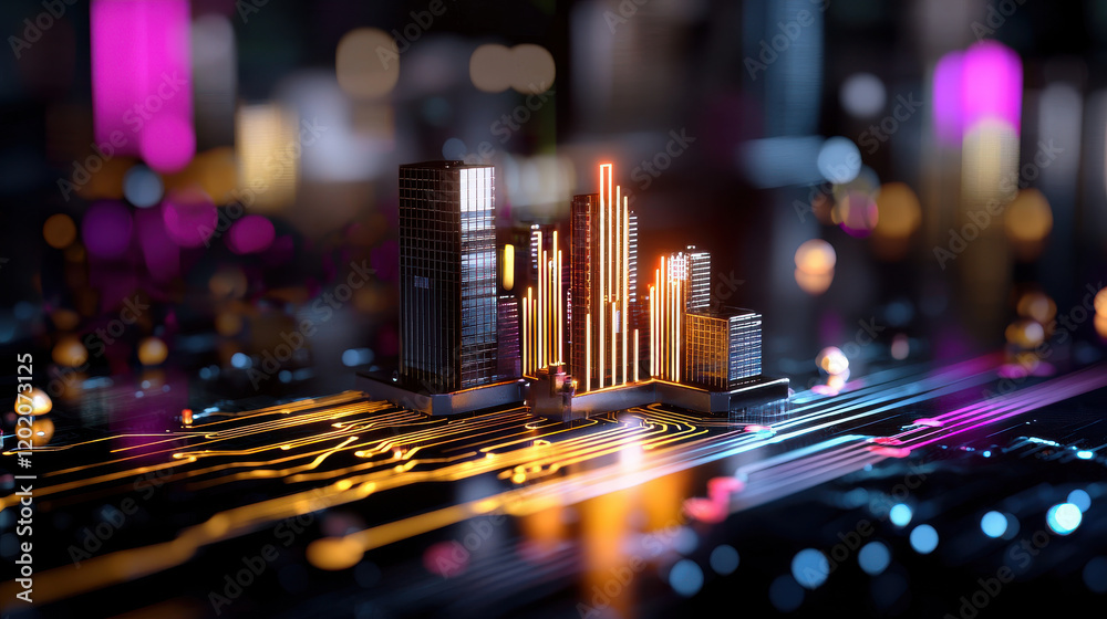 Poster futuristic cityscape with glowing skyscrapers on digital circuit board, symbolizing fusion of techno