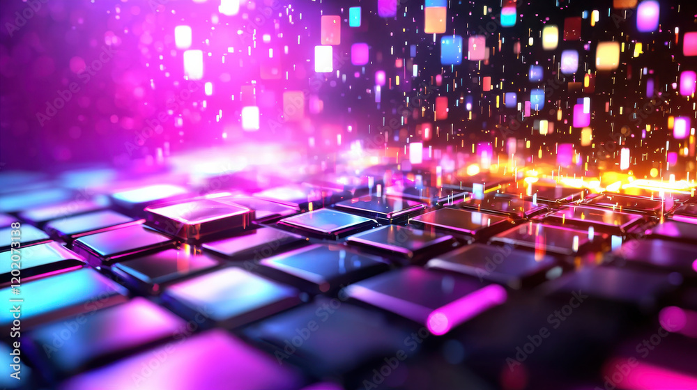 Poster vibrant digital landscape featuring glowing squares and colorful lights, creating futuristic atmosph