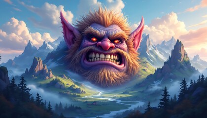 Furious Troll Head Looms Over Serene Mountain Valley: A Dramatic Fantasy Illustration