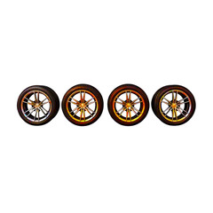 Fototapeta premium Alloy Wheels Set: Four high-performance alloy wheels, showcasing a stylish multi-spoke design and a gradient of warm, fiery hues, displayed against a clean backdrop. Ideal for automotive, design.