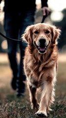 Golden retriever on a walk with owner in outdoor setting