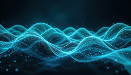 Fototapeta premium Abstract cyan waves flowing, dark background, digital art, tech presentation