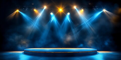 An empty stage club with blue and yellow bright stage lights and lights beams through a smoky dark background. Bright lighting  atmosphere background
