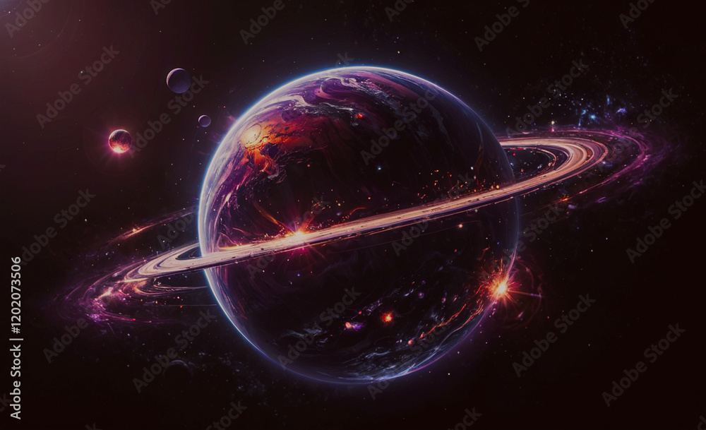 Poster a large planet with a ring around it is shown in a dark background. the planet is surrounded by many