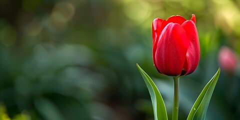 Bright red tulip flower blooming on high stem