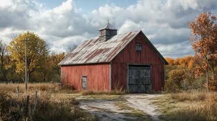 Obraz premium A weathered red barn stands in an autumnal field, surrounded by trees with golden leaves under a partly cloudy sky.