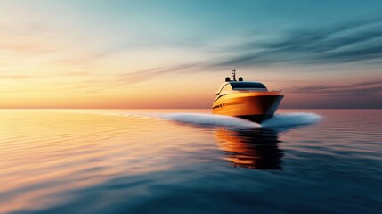 Naklejka premium A stunning luxury yacht gracefully glides over calm waters, illuminated by the golden hues of a serene sunset, evoking feelings of escape and adventure on the ocean.
