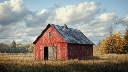 Obraz premium A weathered red barn sits in a field of tall grass under a partly cloudy sky. Autumn trees are in the background.