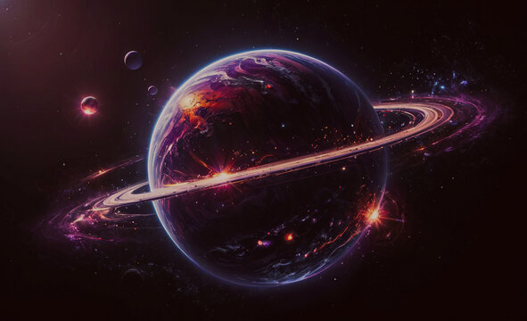 A large planet with a ring around it is shown in a dark background. The planet is surrounded by many smaller planets, and the scene is filled with bright stars. Scene is one of wonder and awe