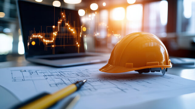 construction helmet rests on architectural plans, with laptop displaying digital graphs in background, symbolizing engineering and project management