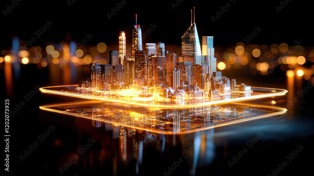 Poster futuristic 3D model of glowing city skyline on reflective surface, showcasing advanced architecture and vibrant lights. scene evokes sense of innovation and technology