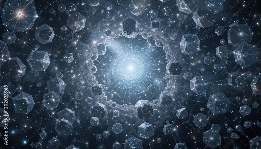 Wall mural abstract space tunnel with hexagonal crystals, light source in center