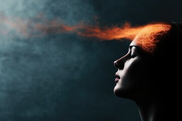 Female profile with glowing brain activity against dark background