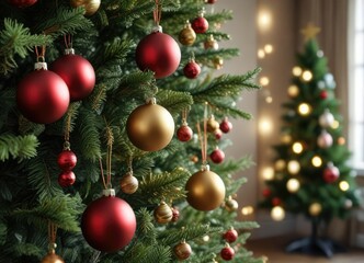 Fototapeta premium Close-up of a Christmas tree with ornaments and baubles, sparkling decorations, festive decor