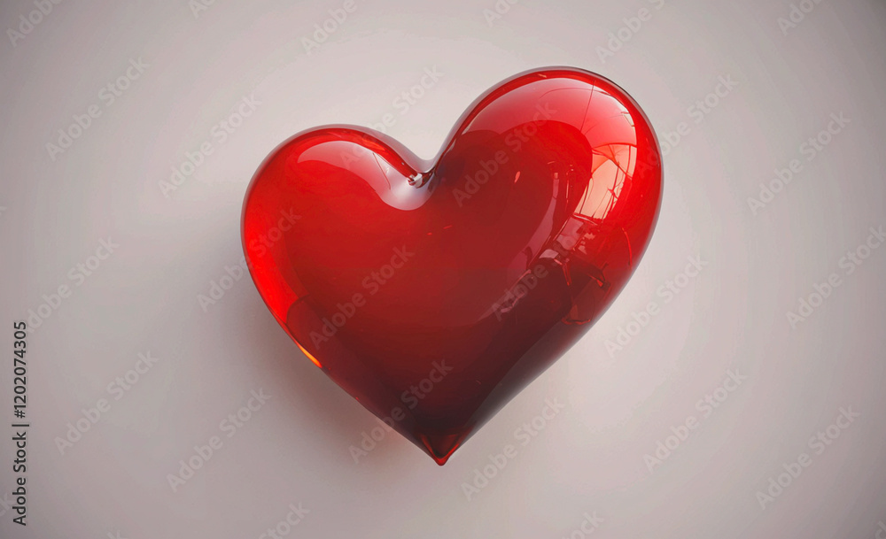 Poster a heart made of glass is shown in a white background. the heart is red and he is floating in the air