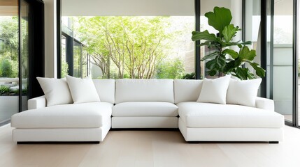 An inviting and airy corner sectional sofa bathed in natural light, creating a serene atmosphere ideal for relaxation and social gatherings in any modern home.