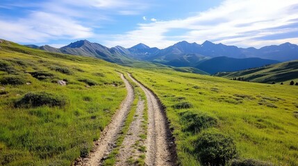 A picturesque mountain trail winding through lush greenery under a brilliant blue sky, inviting adventure seekers to explore the beauty of nature.