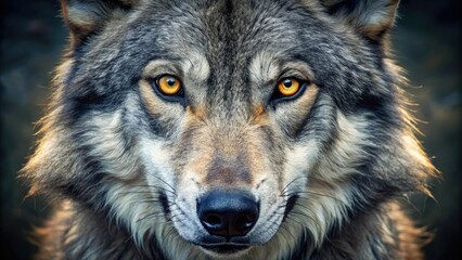 Obraz premium Close-up of a wolf's face with piercing yellow eyes and sharp teeth, wolf characteristics, predators