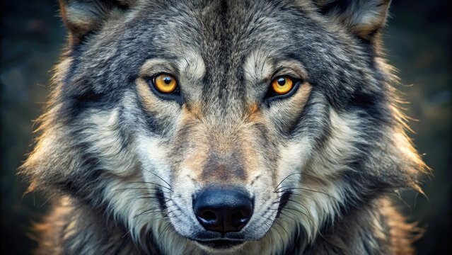 Close-up of a wolf's face with piercing yellow eyes and sharp teeth, wolf characteristics, predators