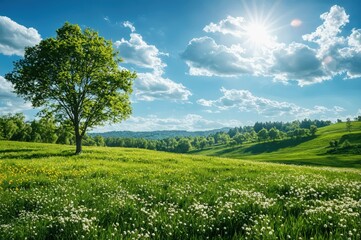 Fototapeta premium A lone tree stands in a vibrant green field of wildflowers under a bright, sunny sky.