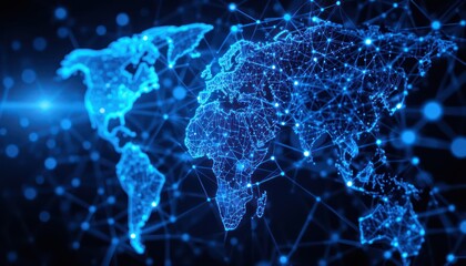 Obraz premium Global network connection, digital world map, glowing, abstract background, technology
