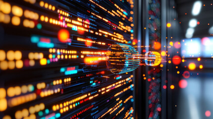 Futuristic digital data flow with vibrant lights and abstract patterns, representing technology and innovation in modern environment