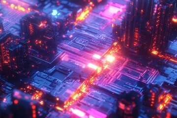 Obraz premium Abstract Neon Cityscape Digital Art Render