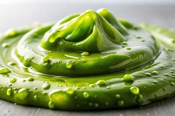 Close-up of olive green slime on surface, reflective, gooey, surface