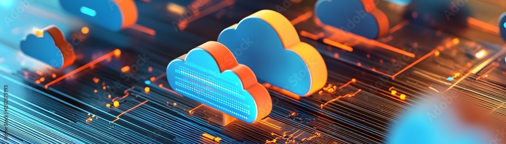 Poster a vibrant depiction of cloud computing with colorful cloud icons floating over a digital network, sy