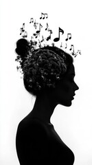 Silhouette of female with musical notes and brain visualization