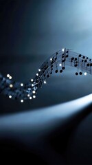 Abstract music notes on wavy staff with glowing lights in dark background