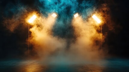 Naklejka premium A mesmerizing display of light beams piercing through fog, setting an artistic mood that invites viewers to immerse themselves in the captivating ambiance.