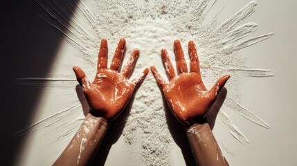 Hands spreading flour on a surface with playful splash effect