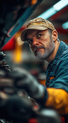 Focused mechanic working on an automotive engine in a professional workshop environment with tools and machinery