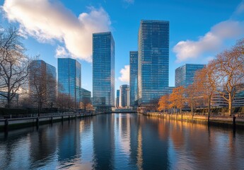 Obraz premium Stunning Urban Skyline with Modern Glass Towers Reflecting on Calm Waters during Sunset, Emphasizing Architecture and Nature's Beauty in a Metropolitan Setting