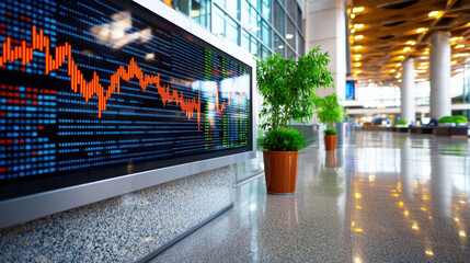digital stock market ticker displaying fluctuating prices in modern airport terminal, surrounded by greenery and sleek architecture, creates dynamic atmosphere