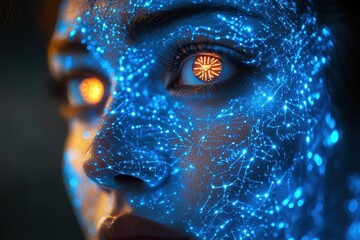 cyborg portrait with liquid metal features, neural network patterns glowing beneath translucent skin, dramatic cyberpunk lighting