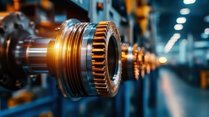 Obraz premium This image features an industrial gear mechanism showcased in a workshop setting, illustrating the intricacies of manufacturing and mechanical engineering innovations.