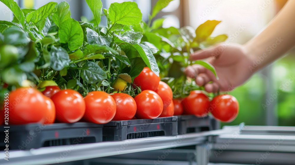 Poster Automated fruit picking system with ripe tomatoes and green leaves