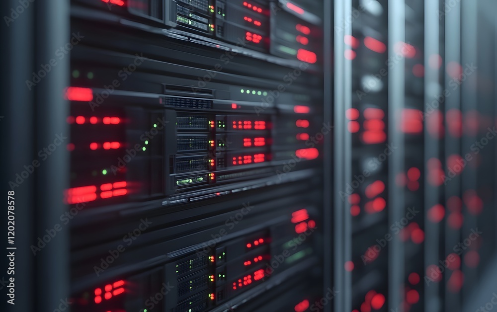 Poster close-up view of a modern data center with illuminated server racks, showcasing advanced technology 
