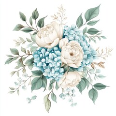 Watercolor Hydrangea and Peony Bouquet with Soft Pastel Colors for Wedding or Floral Arrangement